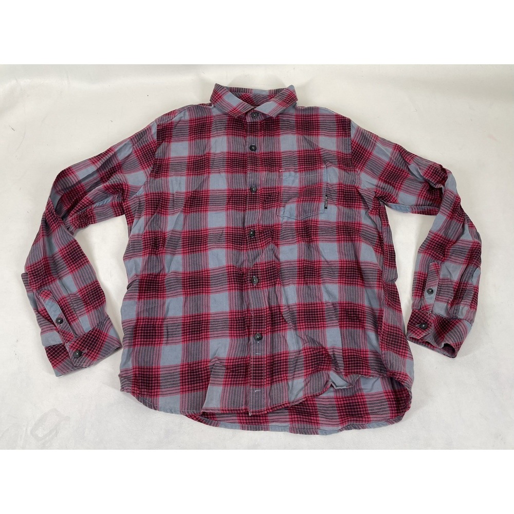 Billabong Core Fit Freemont Flannel Plaid Button Up Shirt Youth Size L Red Gray